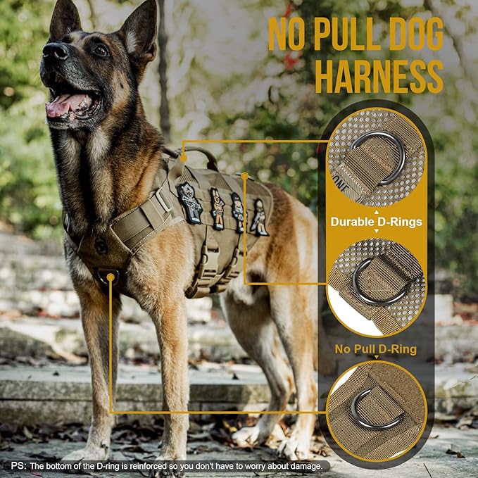 OneTigris No Pull Tactical Dog Harness for Medium Dogs, Aire Mesh Dog Vest Harness, Breathable Military Dog Molle Vests with Handles, Service Dogs Vest for Walking Hiking Training (L, Brown)