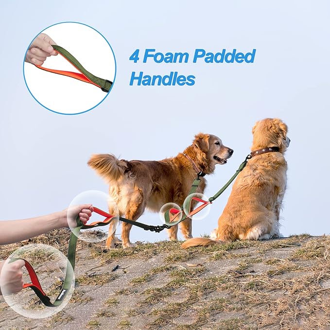 PetBonus Double Dog Leash, No Tangle Dual Leash, Reflective Walking Training Lead, 4 Comfortable Padded Handles for 2 Dogs with Collapsible Bowl and Waste Bags (Khaki Green, Large)