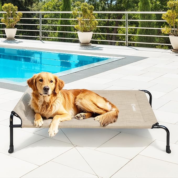 Veehoo Original Elevated Dog Cot Bed - Outdoor Raised Dog Bed, One-Sided Raised Headboard Cooling Pet Sleeping Training Cot, Non-Slip & Breathable, XL