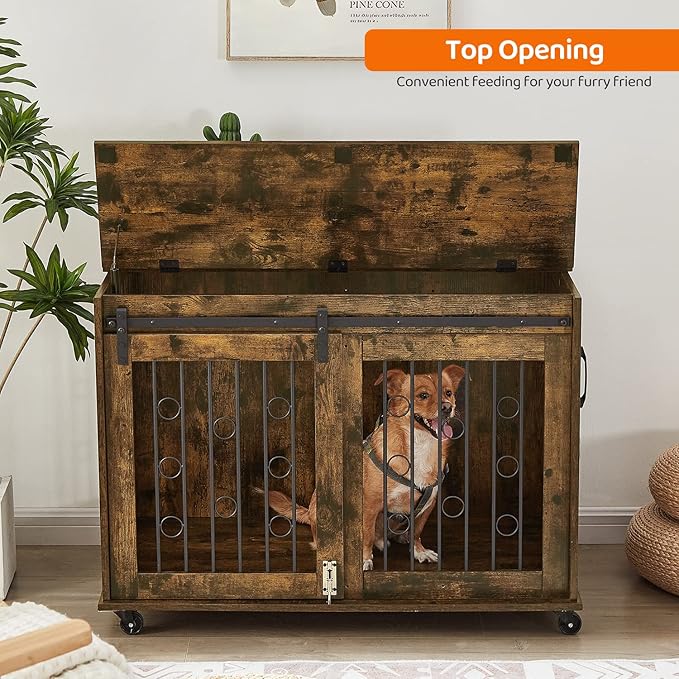 IchbinGo Dog Crate Furniture with Sliding Barn Door, 39" Wooden Dog Kennel End Table with Wheels and Flip-top Plate Dog House with Detachable Divider for Small/Medium/Large Dog (Rustic Brown)