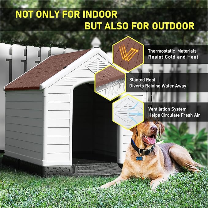 LEMBERI Durable Waterproof Plastic Dog House for Small to Large Sized Dogs, Indoor Outdoor Doghouse Puppy Shelter with Elevated Floor, Easy to Assemble (Brown, 42''L*38''W*39''H)