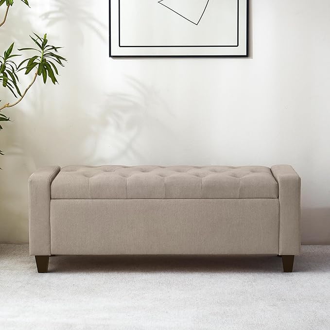 Ottoman with Storage, 48.8" Fabric Storage Ottoman Bench with Hinge, Bedroom Bench, Upholstered Benches with Seating for Living Room, Entryway (Khaki)