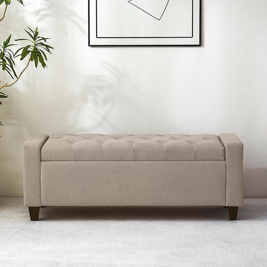 Ottoman with Storage, 48.8" Fabric Storage Ottoman Bench with Hinge, Bedroom Bench, Upholstered Benches with Seating for Living Room, Entryway (Khaki)