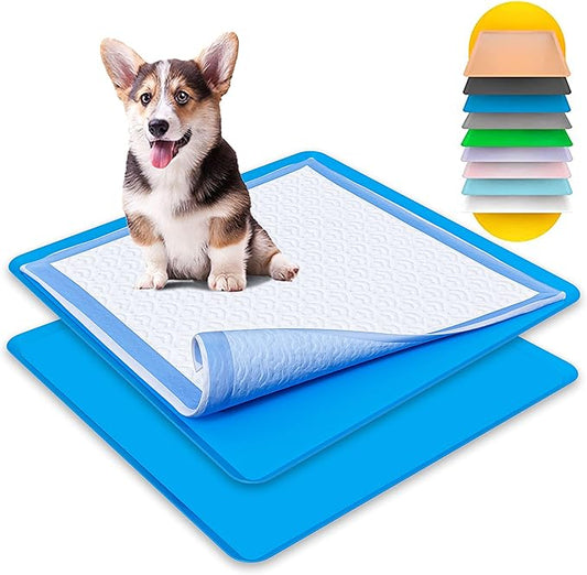 TidyFriend 2 Pack Dog Pee Pad Holder Tray Fits for 24” x 24” Wee Wee Pee Pads - Stable Grip, Raised Edges, Quick-Wipe Silicone Surface Dog Potty Tray Holder for Indoor Flooring Protection (Dark Blue)