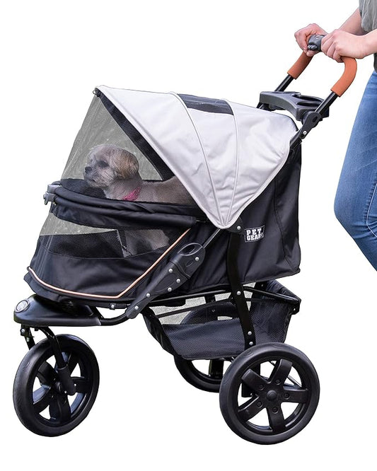 Pet Gear No-Zip AT3 Pet Stroller for Cats/Dogs, Zipperless Entry, Easy One-Hand Fold, Jogging Tires, Removable Liner, Cup Holder + Storage Basket, 1 Model, 2 Colors New Summit Grey