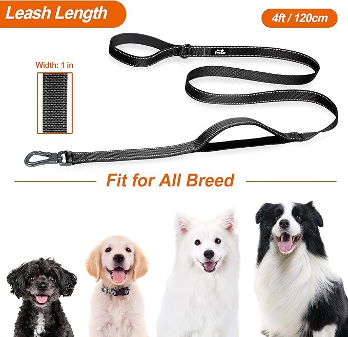 TwoEar 4FT 1IN Strong Black Dog Leash with 2 Padded Handles, Traffic Handle Extra Control, Comfortable Soft Dual Handle, Auto Lock Hook, Reflective Walking Lead for Small Medium and Large Dogs