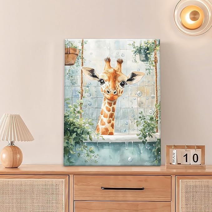 Bathroom Funny Giraffe Pictures Wall Art, Watercolor Giraffe Bathroom Wall Decor, Animal Framed Painting Canvas Artwork for Living Room Decorations 16"L x 12"W