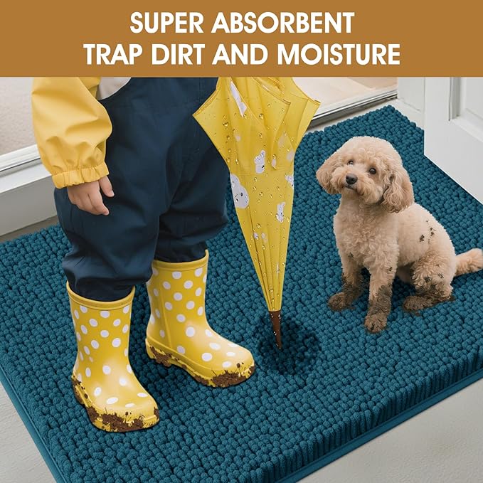 IM HOME 36" x 24" Teal Blue Dog Door Mats for Muddy Paws, Chenille Absorbent Dog Mat, Non Slip Heavy Mud Mat for Dogs, Soft Pet Bed Mat for Entryway, Mud Paws, Inside Floor