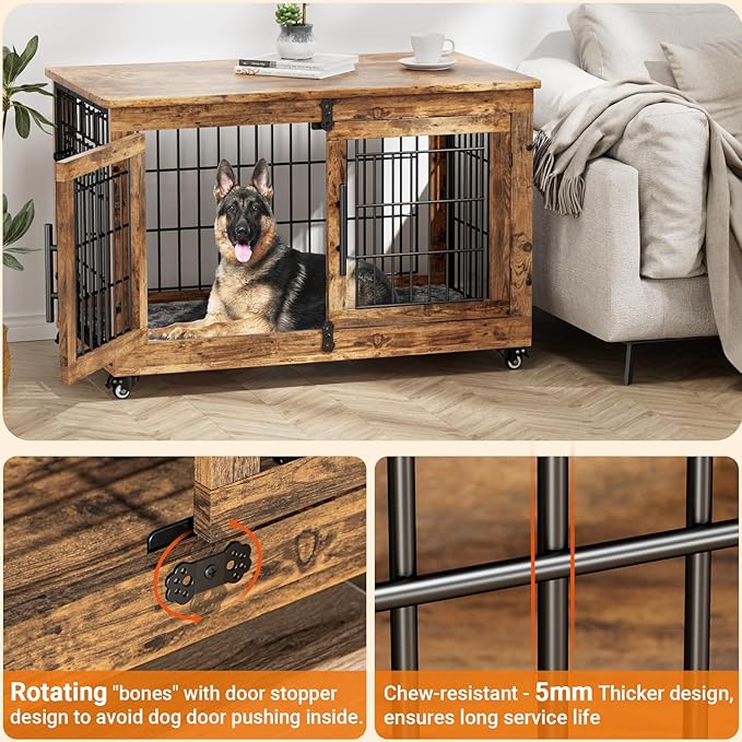 Lulive Dog Crate Furniture Set of 2, Dog Kennel Indoor Double Doors Wooden Dog Cage, 38'' Heavy Duty Dog Crate with Cushion & Wheels, End Table Pet House Chew-Resistant Up to 70 lb, Rustic Brown