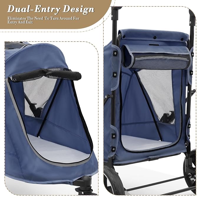 Athena Collection 3 Wheels Pet Stroller Fabric Dog Cart Dog Stroller for Large Dogs 55 Lbs Pet Stroller with Mesh Windows, Zipper Back Pocket, Safety Tether, Angle Adjustable Handlebar, Navy Blue