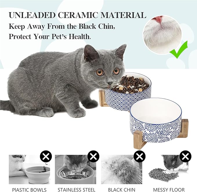 Selamica Ceramic 14 OZ Dog Bowls, Dog Food and Water Bowls with Wooden Stand, Anti-Slip Dog Dishes Set for Cats & Small Dogs, Weighted Pet Bowls Set of 2, Vintage Blue B
