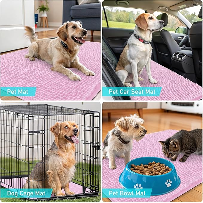 OLANLY Dog Door Mat for Muddy Paws 47x20, Absorbs Moisture and Dirt, Absorbent Non-Slip Washable Doormat, Quick Dry Chenille Mud Mat for Dogs, Entry Indoor Entryway Carpet for Inside Floor, Pink