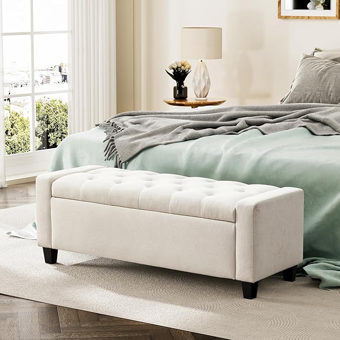 Ottoman with Storage, 48.8" Fabric Storage Ottoman Bench with Hinge, Bedroom Bench, Upholstered Benches with Seating for Living Room, Entryway (Beige)