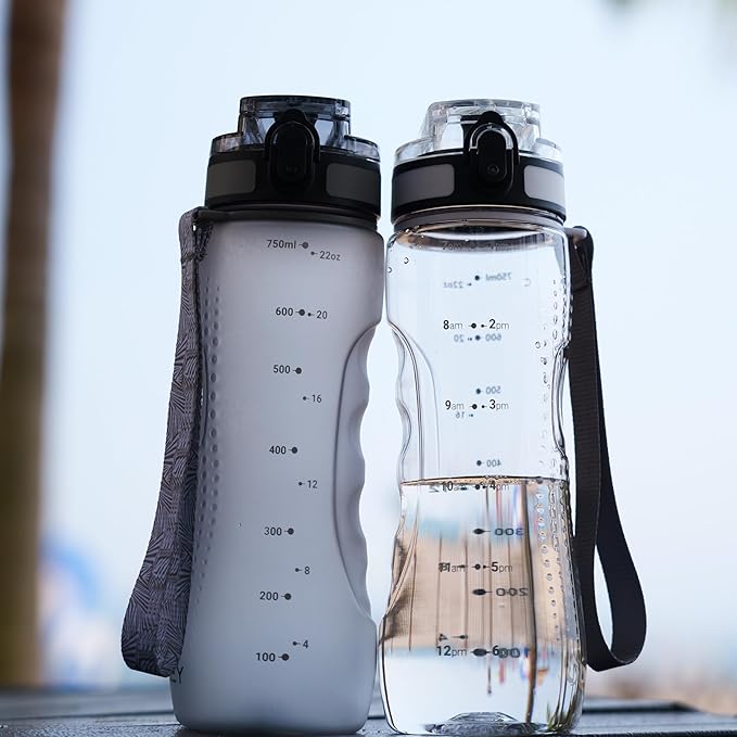 OLDLEY 25 oz Water Bottle, Motivational Water Bottle with Time Marker, Sports Water Bottle With Strap, Leakproof & BPA Free Large Water Bottles for School, Gym, Travel, Outdoor, Tritan,Transparent