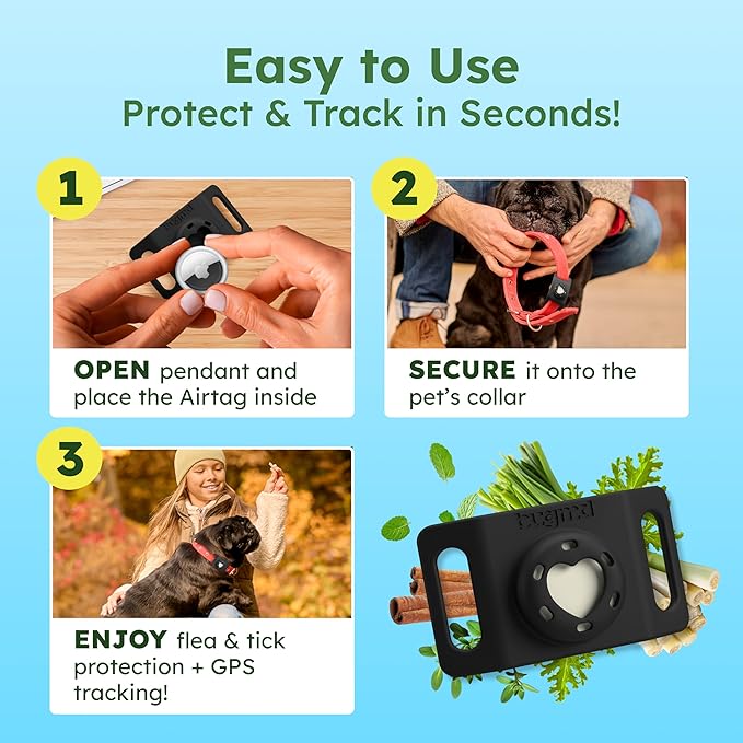 BugMD Paw Guardian Flea & Tick Pendant (2-Pack) with AirTag Holder – Plant-Based Flea & Tick Prevention for Dogs – Pet Collar Tag & GPS Tracker Holder for Dogs – Black