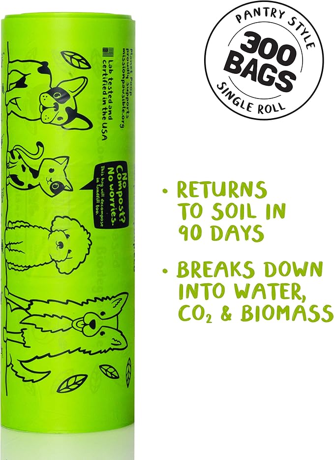PLANET POOP Home Compostable Dog Poop Bags, Large Single Roll 300 Grab & Go, for Dogs Un-Scented Dog Waste Bags, Thick Leakproof Doggy Cat Bag, Plant-Based Pet Supplies