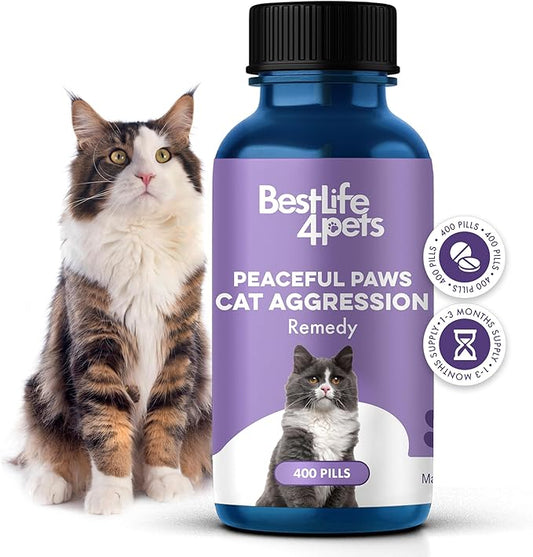 Anti Aggression for Cats Calming Remedy, A Natural Diffuser and Cat Calming Aid for Stress, Spiteful Spraying, Scratching & Territorial Behavior, Non-Drowsy, 400 Odorless, Tasteless Pills