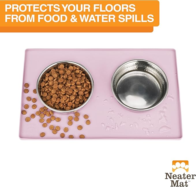 Neater Pet Brands Neater Mat Pet Mats for Food and Water, Cat & Dog Bowl Mat Waterproof Silicone, Feeding Tray, Dog Food Mats for Floors, Placemat w/Raised Edge for Under Bowls, 16” x 10”, Light Pink