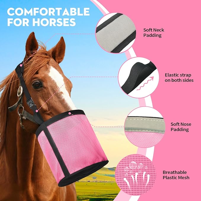 Horse Feed Bag 2 Pcs, Mesh Feed Bags for Horses, Muzzle Feedbag for Feeding Grain, Anti-Spill Design Feeder, Soft Neck Pad Nose Pad, Breathable and Universal Fit (Pink, Pack of 2)