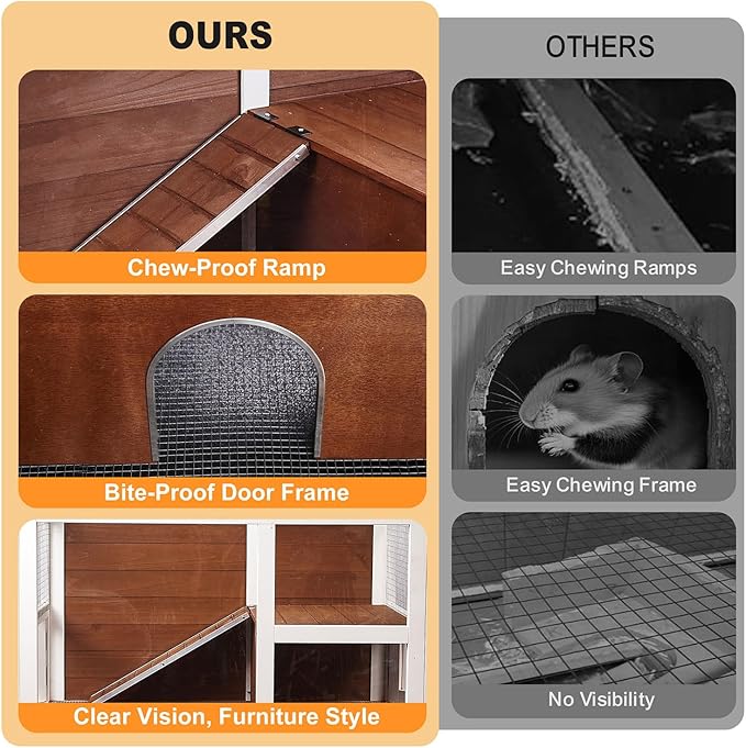 2-Story Guinea Pig Cage with Stand, Indoor Wooden Hamster Cage with Ramp, Pull-Out Tray, Hideout & Platform, Acrylic Transparent Small Animal Habitat for Chinchillas, Ferrets, Hedgehogs, Walnut