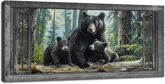 Large Wall Art Black Bear Canvas Cabin Living Room Pictures Prints Forest Oversize Wall Decor Animal Painting Artwork for Bedroom Dining Office Home 60"x30"
