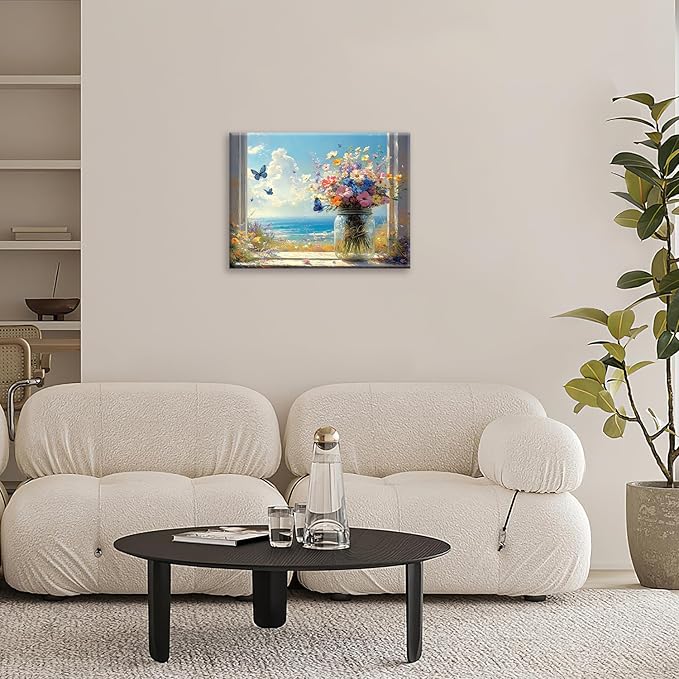 Beach Floral Bathroom Pictures Wall Art, Colorful Flower Bathroom Wall Decor, Coastal Ocean Framed Painting Canvas Artwork for Bedroom Living Room Decorations 20"L x 16"W