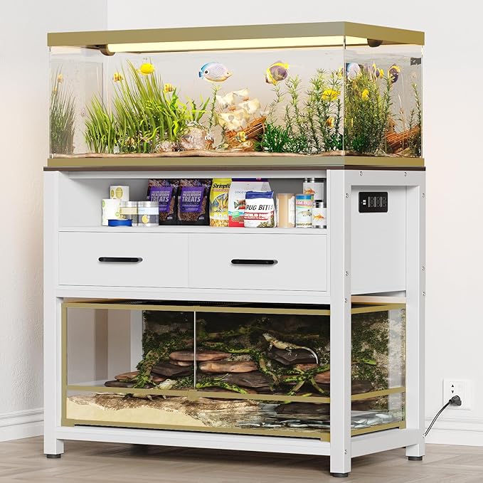 40-50 Gallon Fish Tank Stand with Power Outlet & 2 Storage Drawers, Heavy Duty Metal Frame Aquarium Stand with Waterproof Mat, 36.6" L*19.1" W Tabletop, 800LBS Capacity, White+Brown