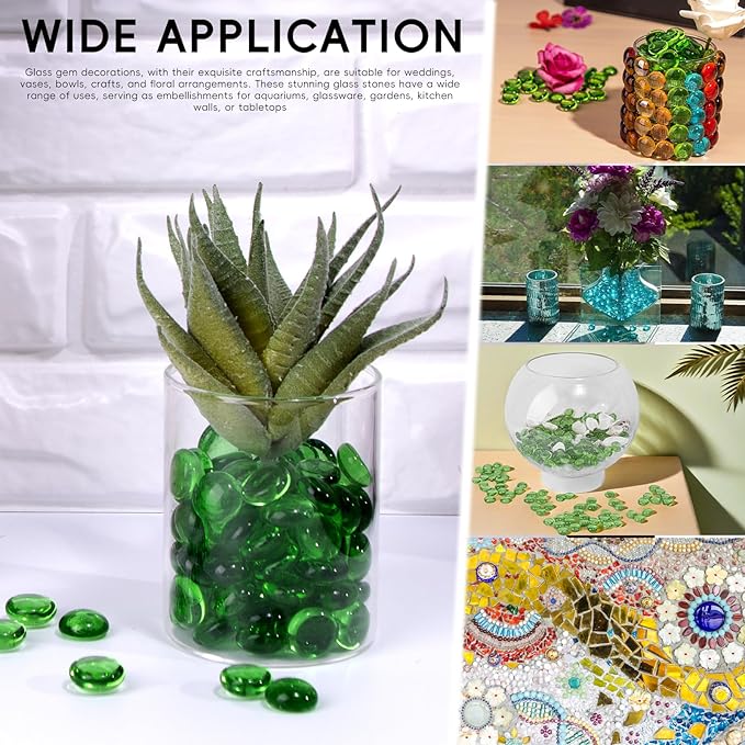 1 LB Green Glass Marbles, Mini Flat Glass Beads~150 PCS for Vase Fillers, Floral Bottom Mancala Gems Pebbles Fish Tank Rocks for Table Aquarium,Home Decor Art Craft Supplies(0.5"~0.7")