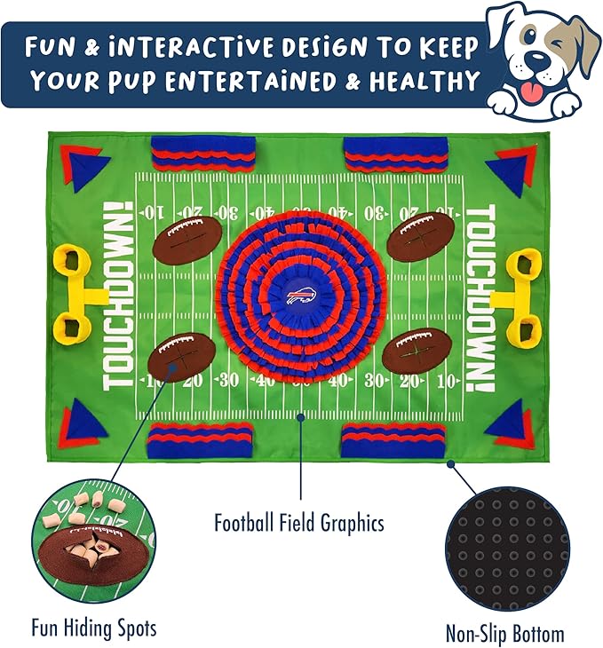 NFL Buffalo Bills Dog Snuffle Mat – Interactive Pet Slow Feeder, Football Field Design Food Puzzle Toy for Dogs & Cats, Foraging Activity Mat for Smarter Feeding