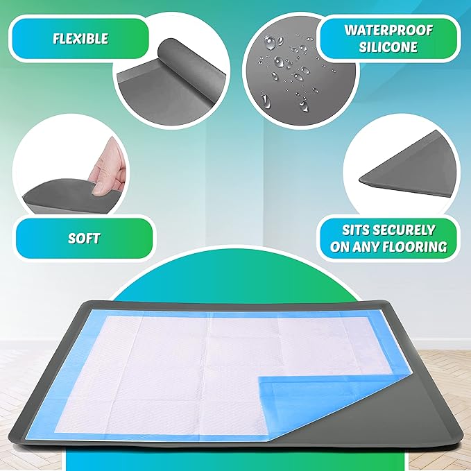 TidyFriend Dog Pee Pad Holder Tray Fits for 24” x 36” Wee Wee Pee Pads - Stable Grip, Raised Edges, Quick-Wipe Silicone Surface Dog Potty Tray Holder for Indoor Flooring Protection (Grey)