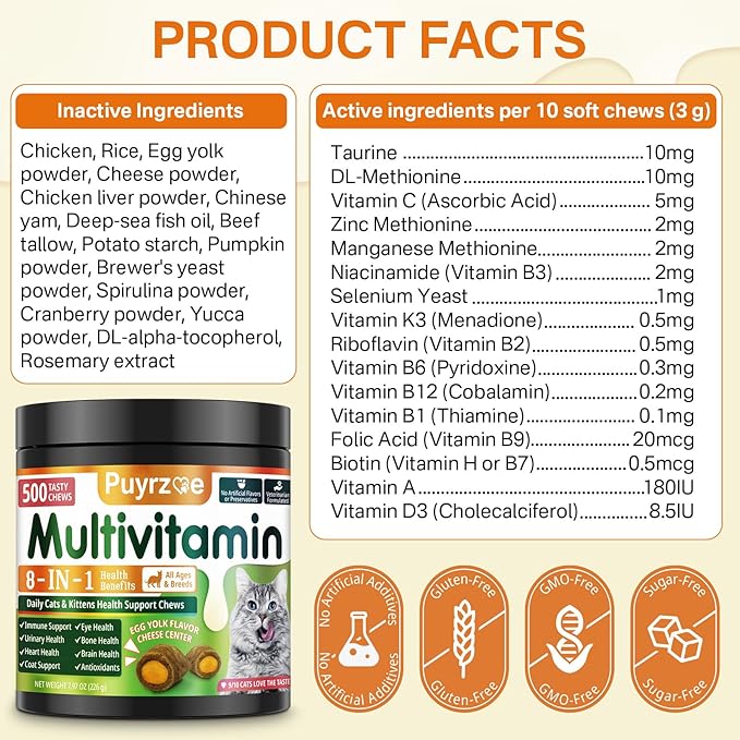 Cat Multivitamin - 500 Chews Crunchy & Creamy Cheese Core, Cat Vitamins + Taurine for 8-in-1 Support - Immune, Urinary, Heart, Skin & Coat, Eyes, Brain, Bone for Cats Kittens - Egg Yolk Flavor