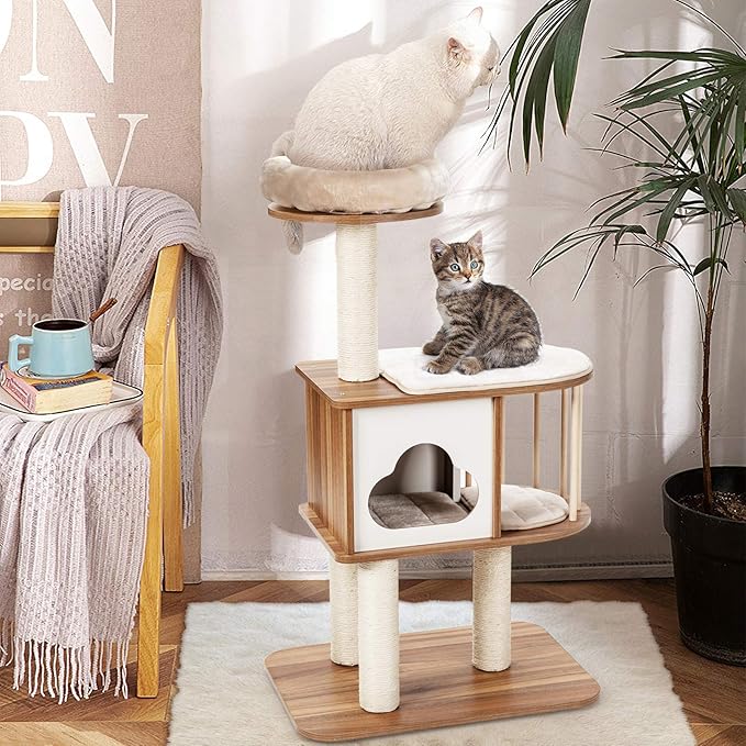 Tangkula Modern Wood Cat Tree, 46 Inches Cat Tower with Platform, Cat Activity Center with Scratching Posts and Washable Cushions, Wooden Cat Condo Furniture for Kittens and Cats (Natural)