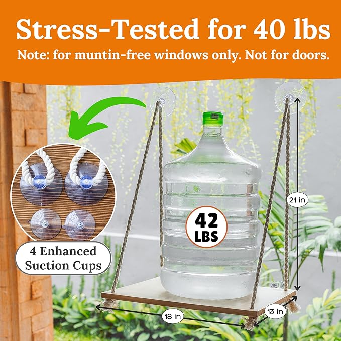 Cat Window Perch - Hammock Bed for Cats Inside - Solid Wood Seat, 4 Strong Suction Cups, Soft Cushion - Rustic Indoor Pet Shelf