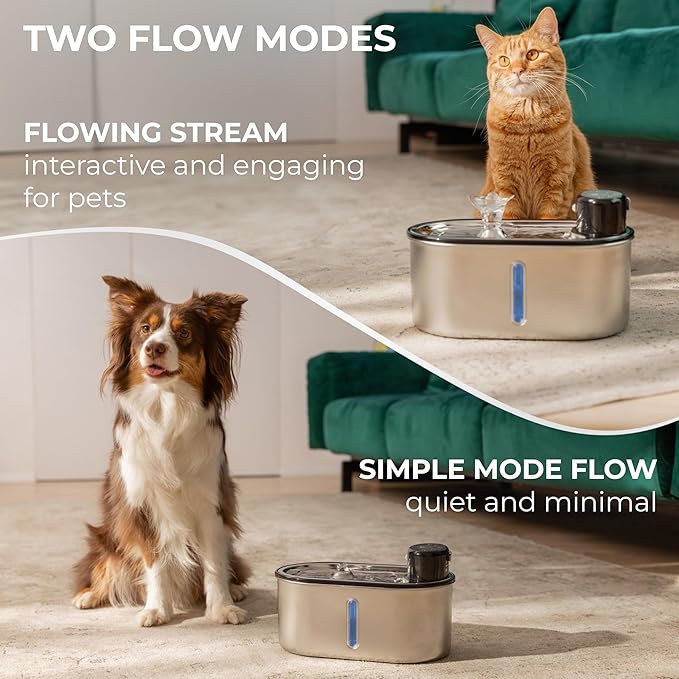 Wireless Cat Water Fountain Stainless Steel, 5200mAh Battery, Ultra Quiet, Automatic Pet Water Dispenser, 108oz/3.2L, Two Flow Modes, BPA-Free, Multi-Filtration, Includes 2 Filters - Black