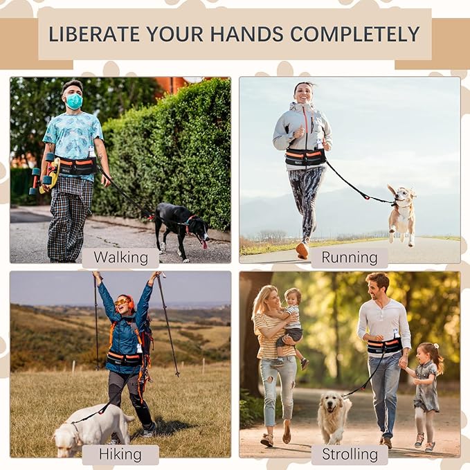 Hands-Free Waist Leash with Pouch for Two Dogs: Reflective Stitching, Dual Handle & Bungee Retractable Design – Ideal for Medium to Large Dogs (Orange) – Dog Walking Accessories