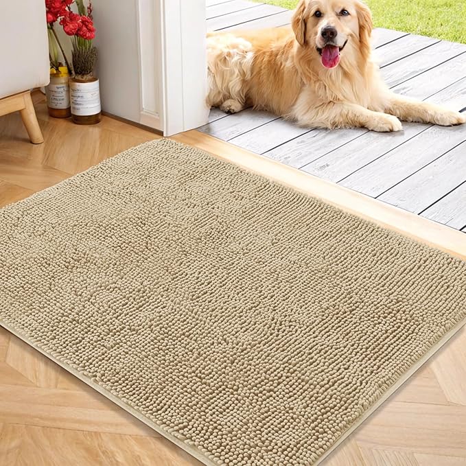 OLANLY Dog Door Mat for Muddy Paws 40x32, Absorbs Moisture and Dirt, Absorbent Non-Slip Washable Doormat, Quick Dry Chenille Mud Mat for Dogs, Entry Indoor Entryway Carpet for Inside Floor, Beige