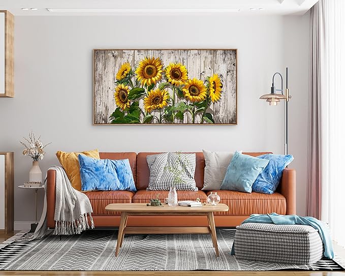 Jiuqinghua Canvas Prints Wall Art Abstract Board Paintings 1 panel Wall Art for Bedroom Rustic Sunflower Kitchen Decor Yellow Vintage Wall Decor Sunflowers Wood Grain Framed for Living Room Bedroom