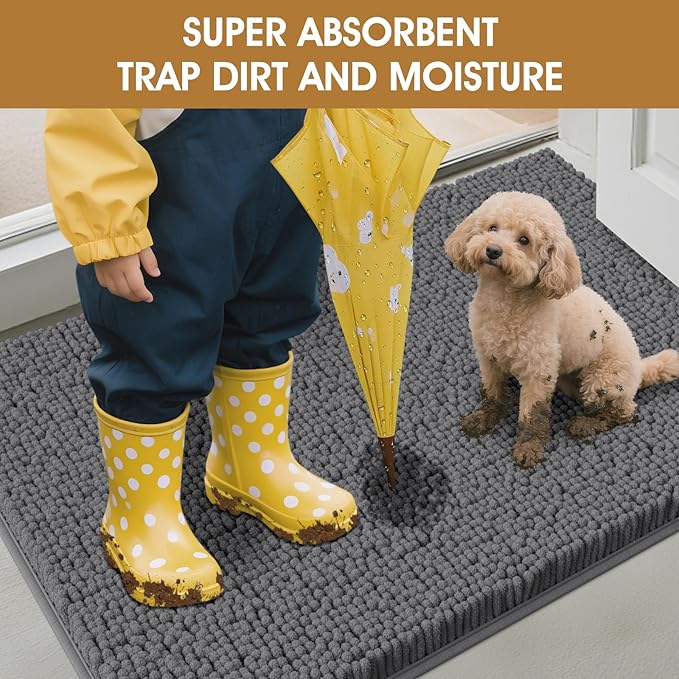 IM HOME 2 Pieces Muddy Door Mats for Dogs, Chenille Absorbent Pet Mats, Quick Dry, Trap Dirt Non Slip Heavy Indoor Doormat Soft Dog Bed Mat Front Inside Door Mat for Indoor Outdoor Entrance,Grey