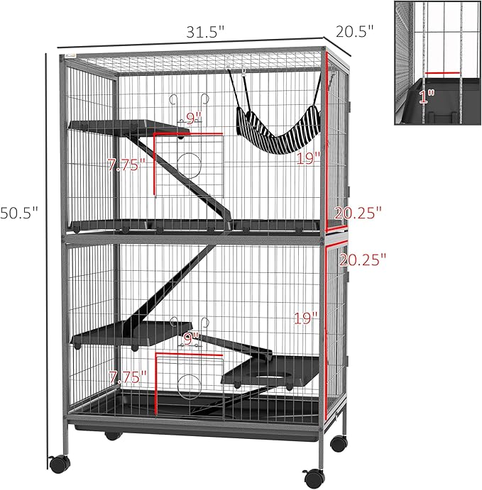 PawHut 50" 5-Tier Small Animal Cage, Ferret Cage, Large Chinchilla Cage with Hammock Accessory & Heavy-Duty Steel Wire, Small Animal Habitat with 4 Doors, Removable Tray, Gray