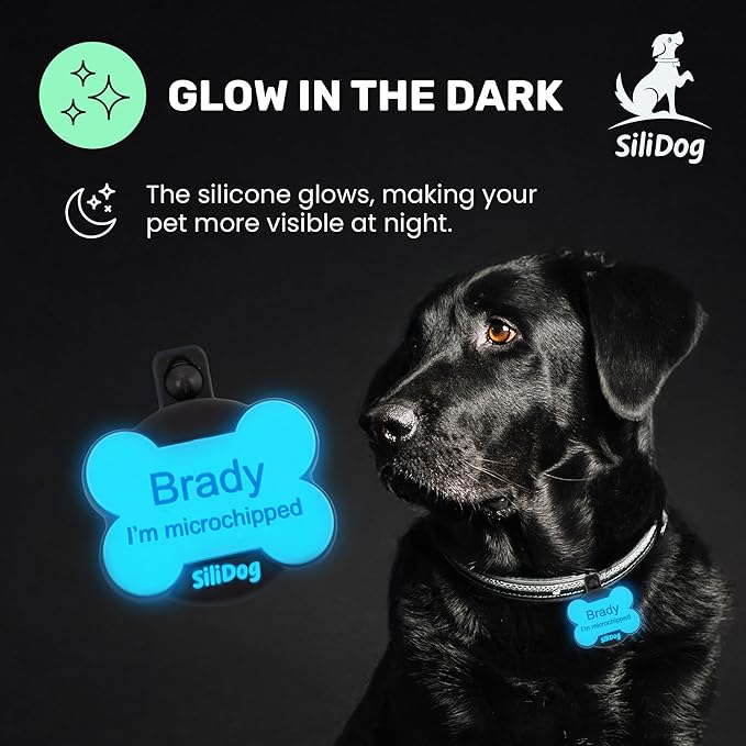 SiliDog AirTag Holder Silent Dog ID Tag – Personalized Engraved Silicone Pet Tag – Durable, Glow-in-The-Dark – Blue Bone