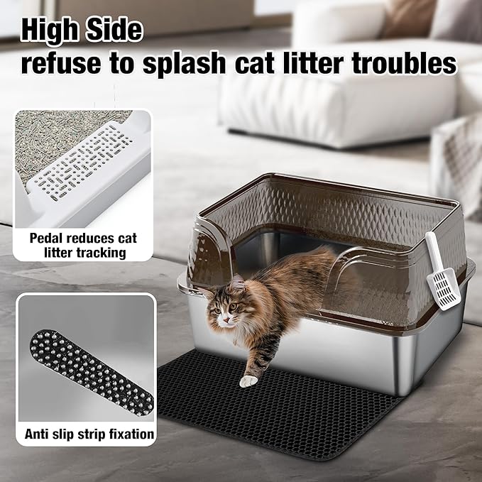 Suhaco Extra Large Stainless Steel Litter Box with Lid XXXL High Sided Cat Litter Boxes Included Litter Mat & Litter Scoop Anti-Urine Leakage Metal Pet Toilet for Big Cats (Black XXXL)