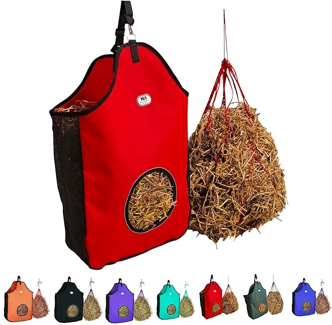 Majestic Ally 1200 D Hay Feeder Tote Bag for Horses, Sheep with Reflective Trim- Reduces Waste - Comes with 36” Hay Net. (Red)