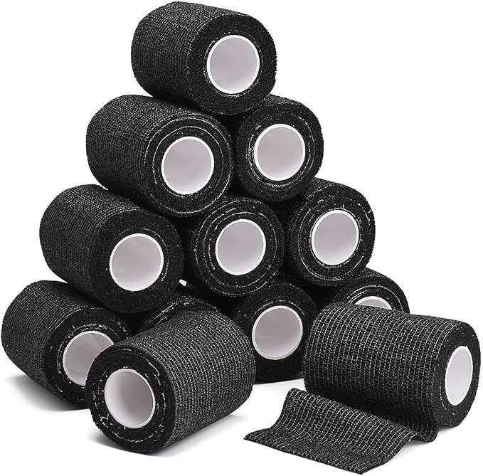 TOBWOLF 12PCS First Aid Self Adherent Bandage, 3" x5yd / 7.5cmx4.5m Cohesive Bandage Tape Wrap, Elastic Athletic Non Woven Fabric Sport Wrap for Sports, Medical - Black