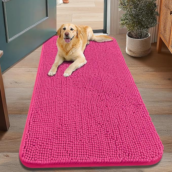 Smiry Dog Door Mat for Muddy Paws 48x30, Absorbs Moisture and Dirt Doormat, Non-Slip Washable Quick Dry Chenille Front Door Mat Indoor Entrance, Entryway Carpet for Inside Floor, Hot Pink