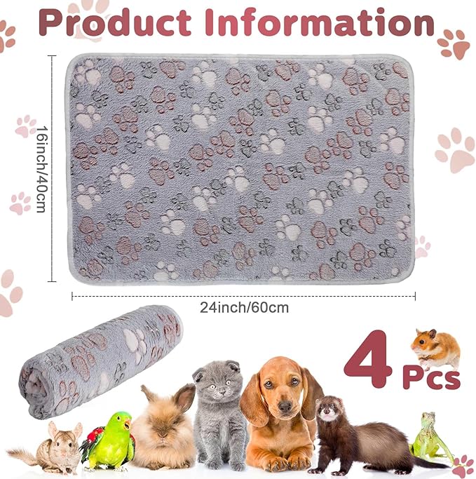 Reginary 4 Pcs Waterproof Guinea Pig Blankets Washable Small Animal Fleece Bedding Absorbent Guinea Pig Cage Liners Reusable Pet Pee Pad Sleep Mat for Hamster Ferret(Adorable Paw,24 x 16 Inch)