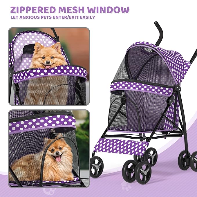 Magshion Compact Pet Stroller for Small-Medium Dogs/Cats up to 22lbs, 4-Wheel Lightweight Umbrella Shaped Portable Puppy Travel Jogger with Breathable Mesh & Rear Storage, Purple Polka Dots