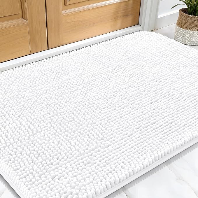 OLANLY Dog Door Mat for Muddy Paws 34x21, Absorbs Moisture and Dirt, Absorbent Non-Slip Washable Doormat, Quick Dry Chenille Mud Mat for Dogs, Entry Indoor Entryway Carpet for Inside Floor, White