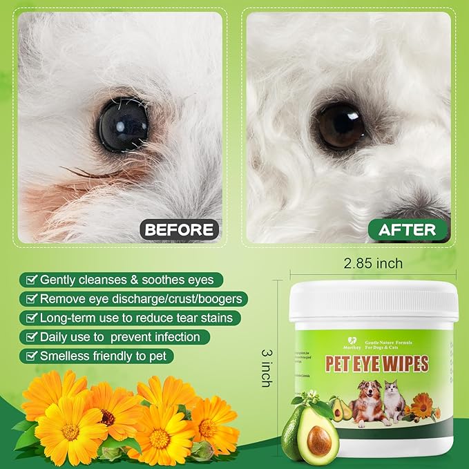 Pet Eye Wipes,Nature Eye Cleaning Wipes for Dogs&Cats Gentle Eye Cleaner Pads for Tear Stain Remover Eye Debris,Discharge,Mucus Secretions,Non-Irritation,Plant Based-120Ct