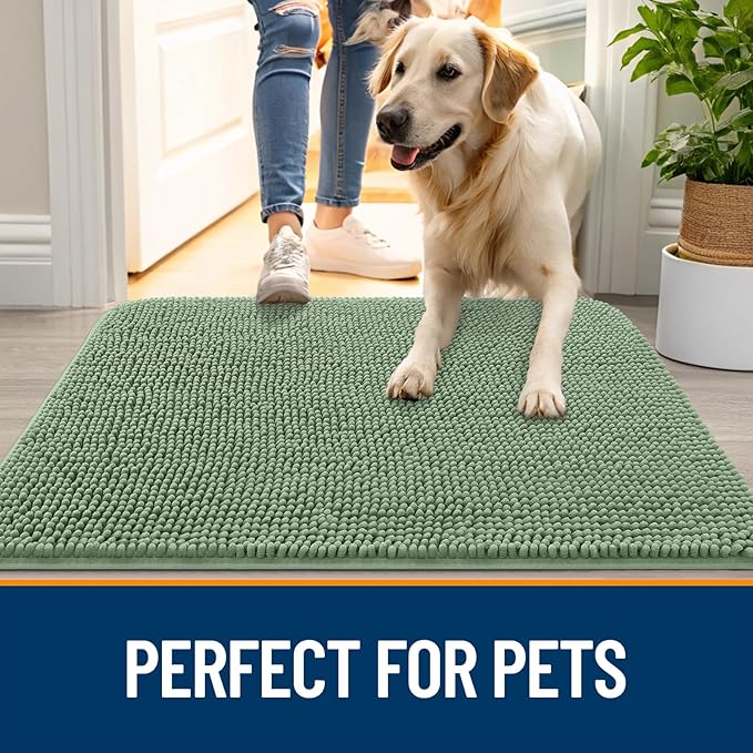 OLANLY Dog Door Mat for Muddy Paws 24x16, Absorbs Moisture and Dirt, Absorbent Non-Slip Washable Doormat, Quick Dry Chenille Mud Mat, Entry Indoor Entryway Carpet for Inside Floor, Olive Green