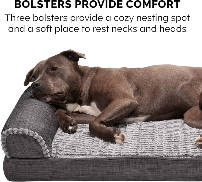 Furhaven Cooling Gel Dog Bed for Large Dogs w/ Removable Bolsters & Washable Cover, For Dogs Up to 125 lbs - Luxe Faux Fur & Performance Linen Sofa - Charcoal, Jumbo Plus/XXL